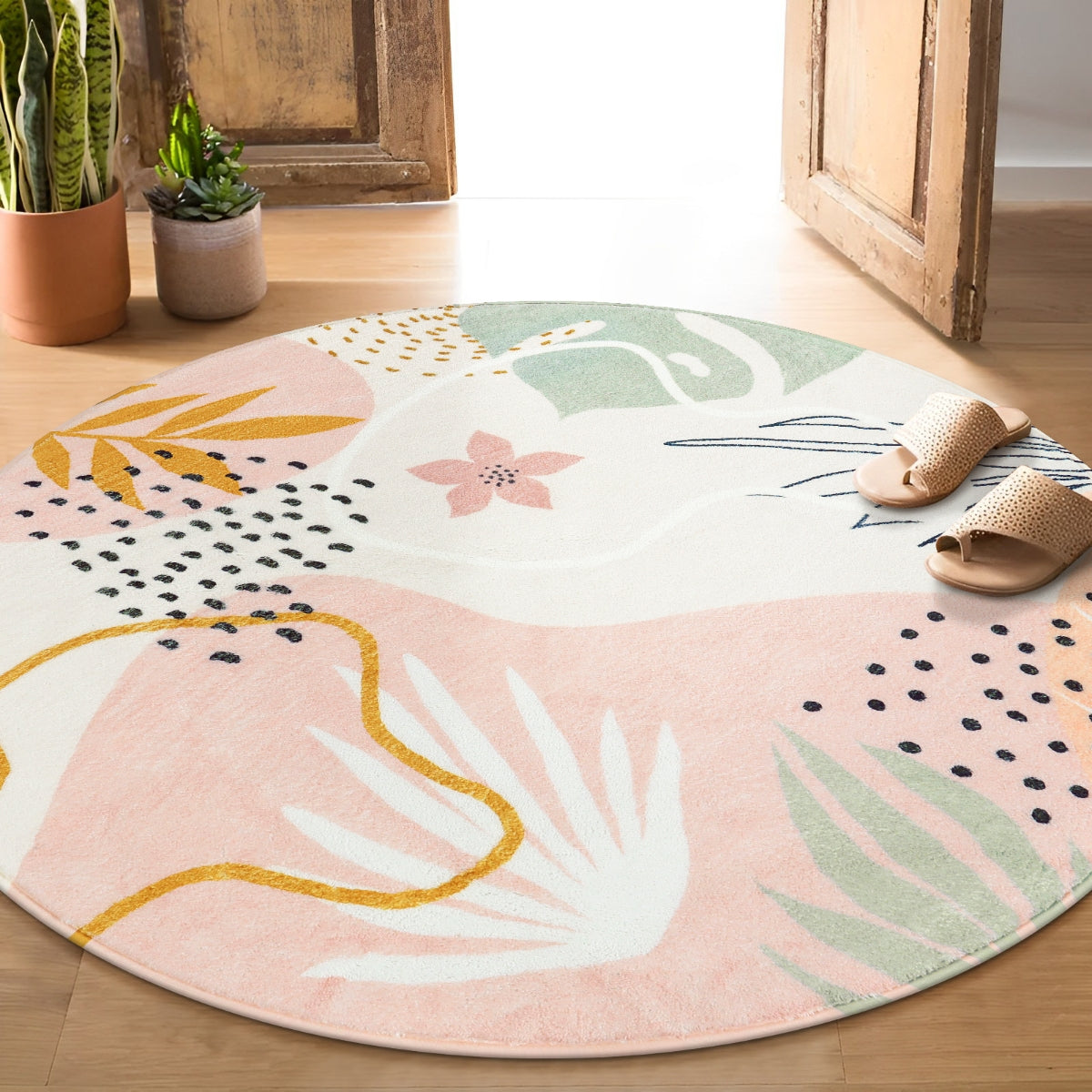 Washable Pink Botanical Leaf Rug | Kiki Modern Style - Lahome