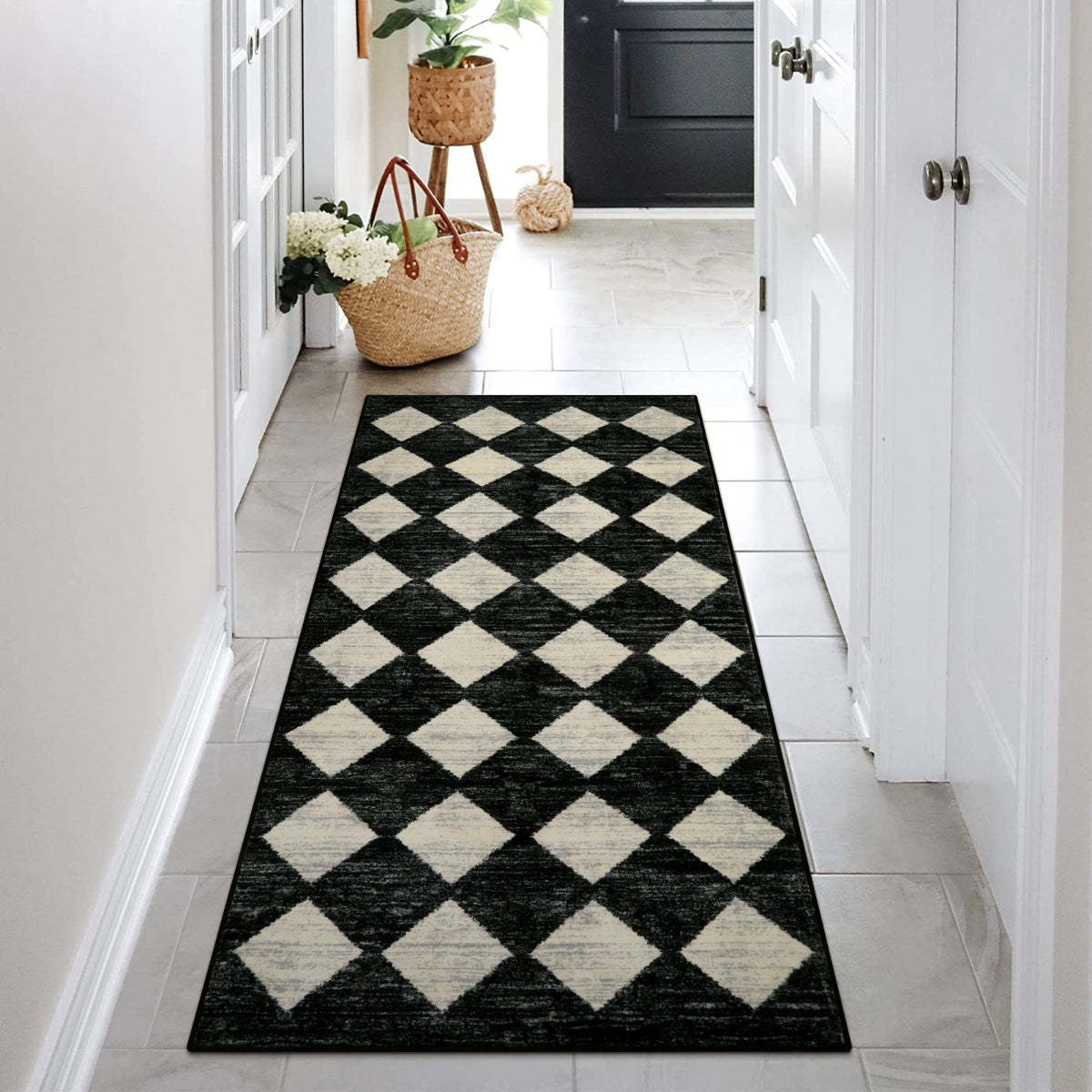 Washable Black Diamond Checkered Runner Rug | Zelie Geometric