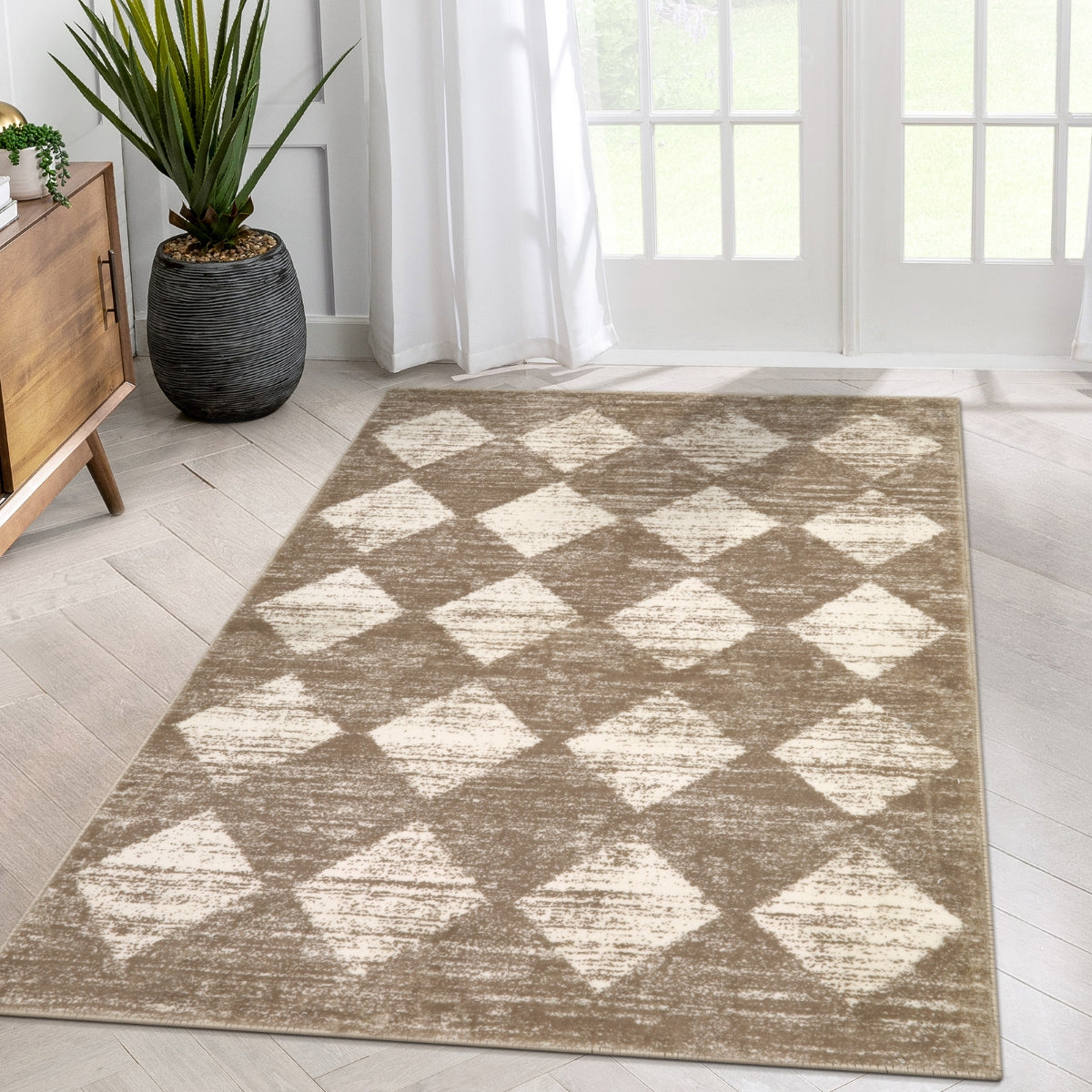 Washable Beige Diamond Checkered Rug | Zelie Geometric Style - Lahome