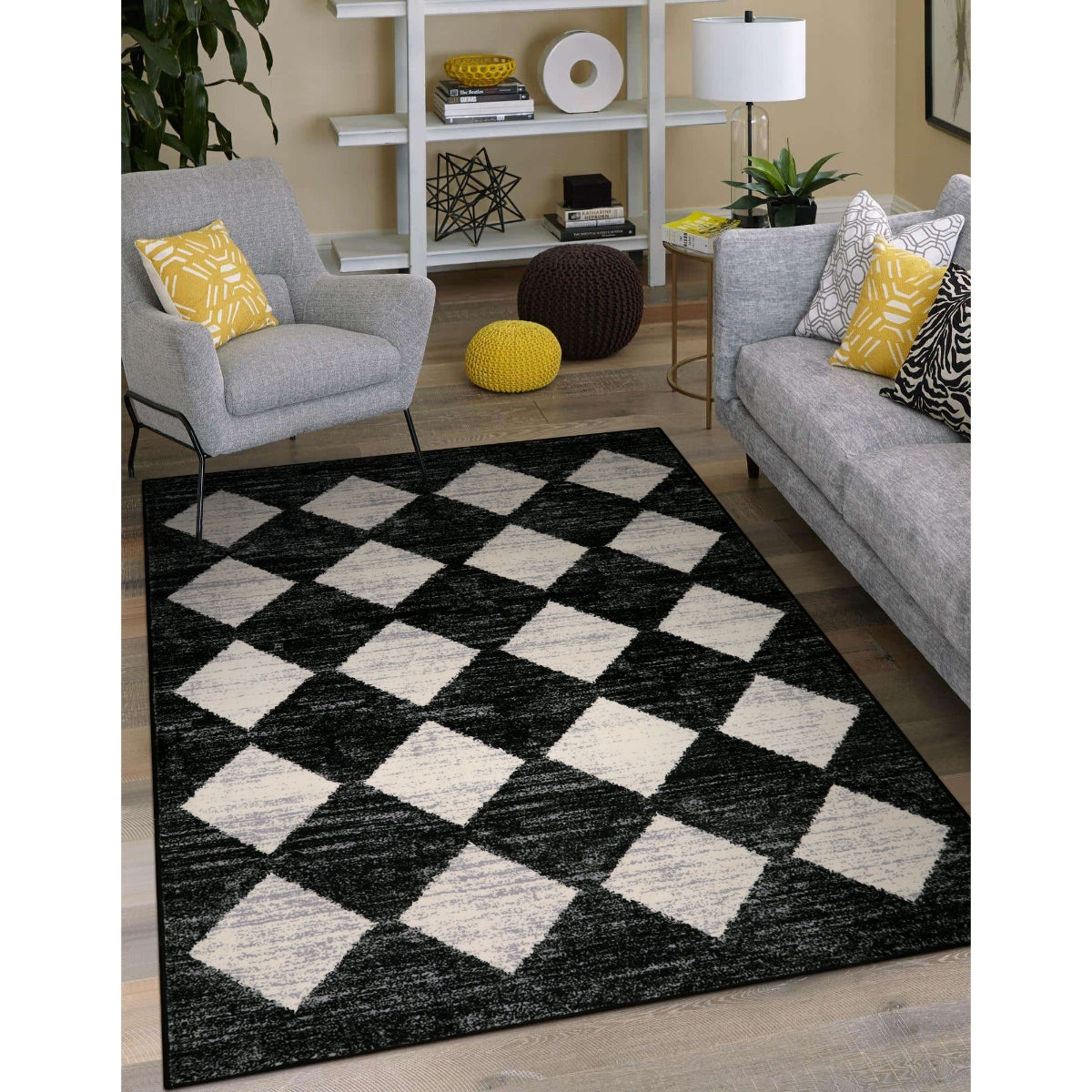 Soft Contemporary Geometric Diamond Checkered Tile Area Rug