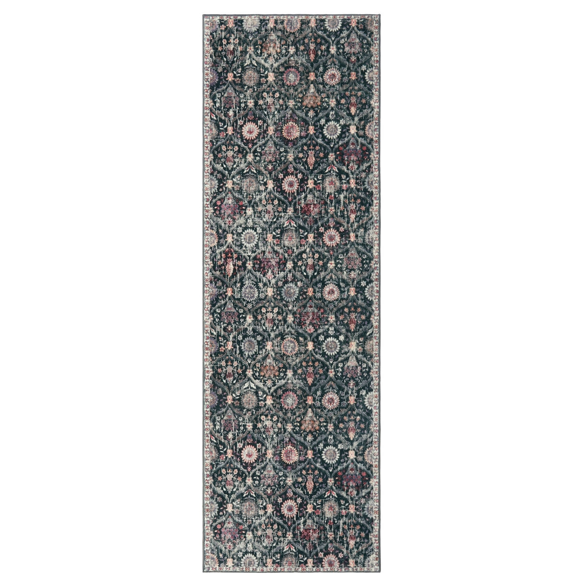 Ultra-thin Transitional Vintage Floral Moroccan Trellis Black Rug