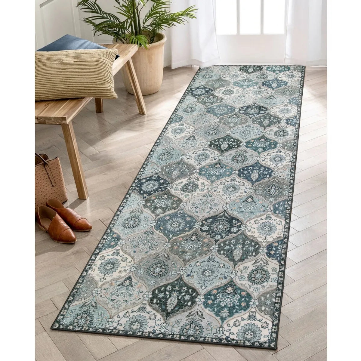 Elise Ultra-thin Transitional Vintage Floral Moroccan Trellis Blue Rug