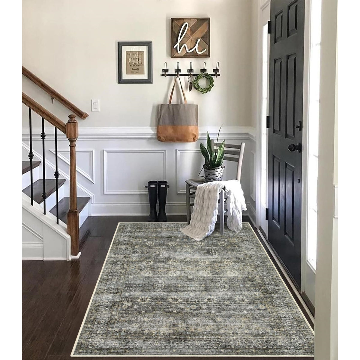 Winifred Distressed Vintage Antique Floral Charcoal Green Area Rug