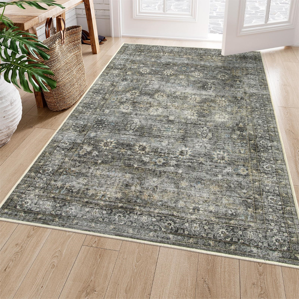 Winifred Distressed Vintage Antique Floral Charcoal Green Area Rug