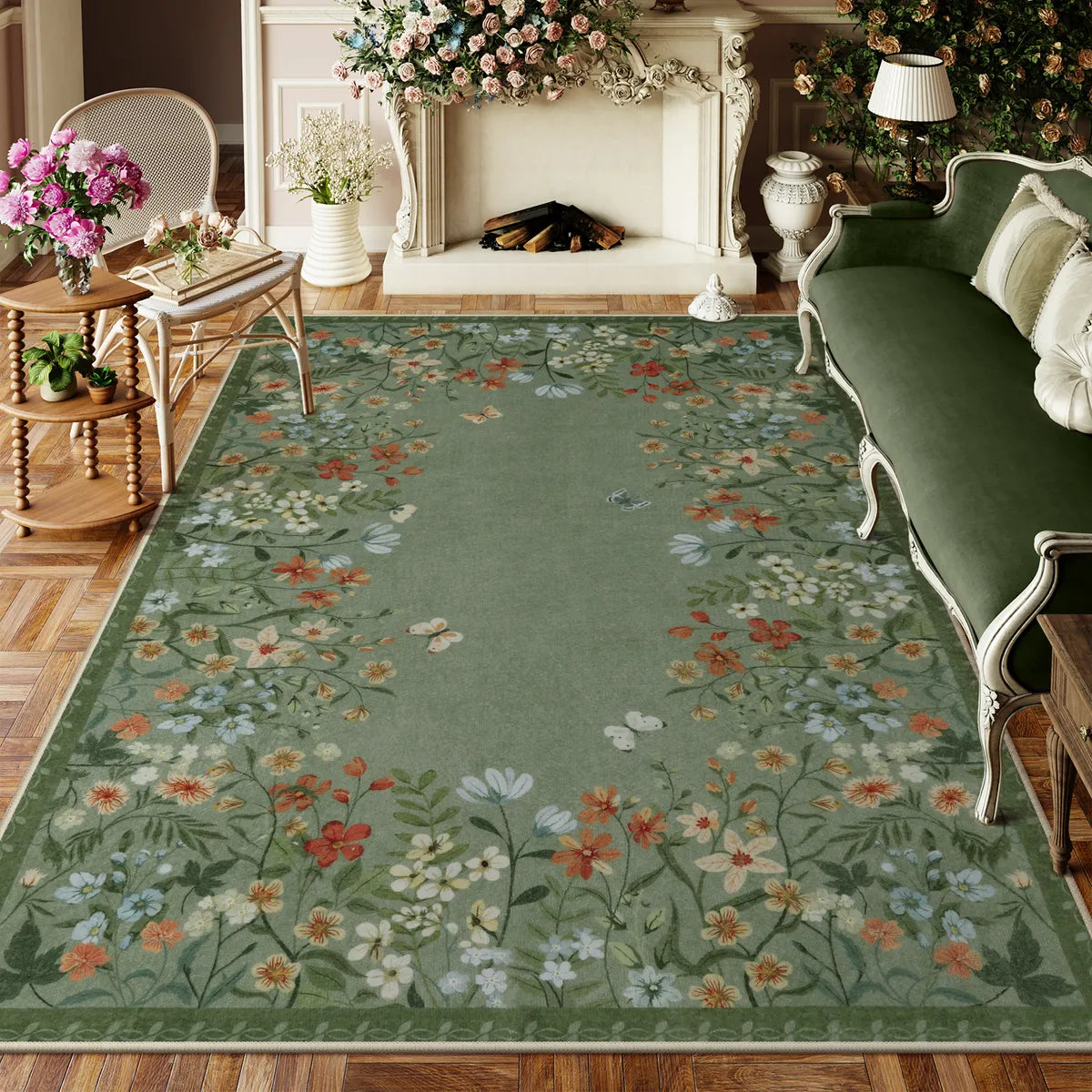 Solene Washable Modern Blooming Floral Garden Green Rug Area Rugs Lahome 8' x 10'