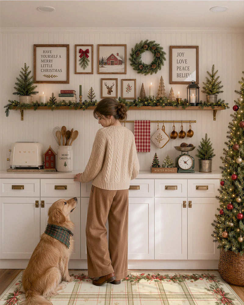 woman baking Christmas treats with her dog