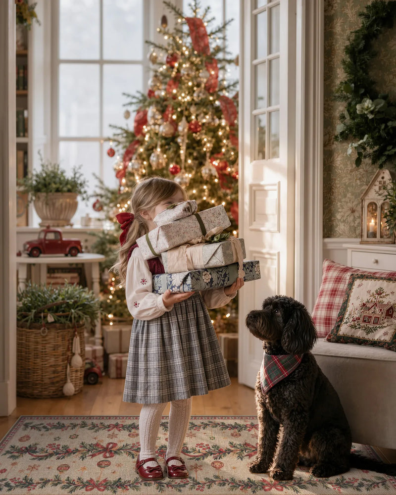 girl and dog welcoming Christmas guests