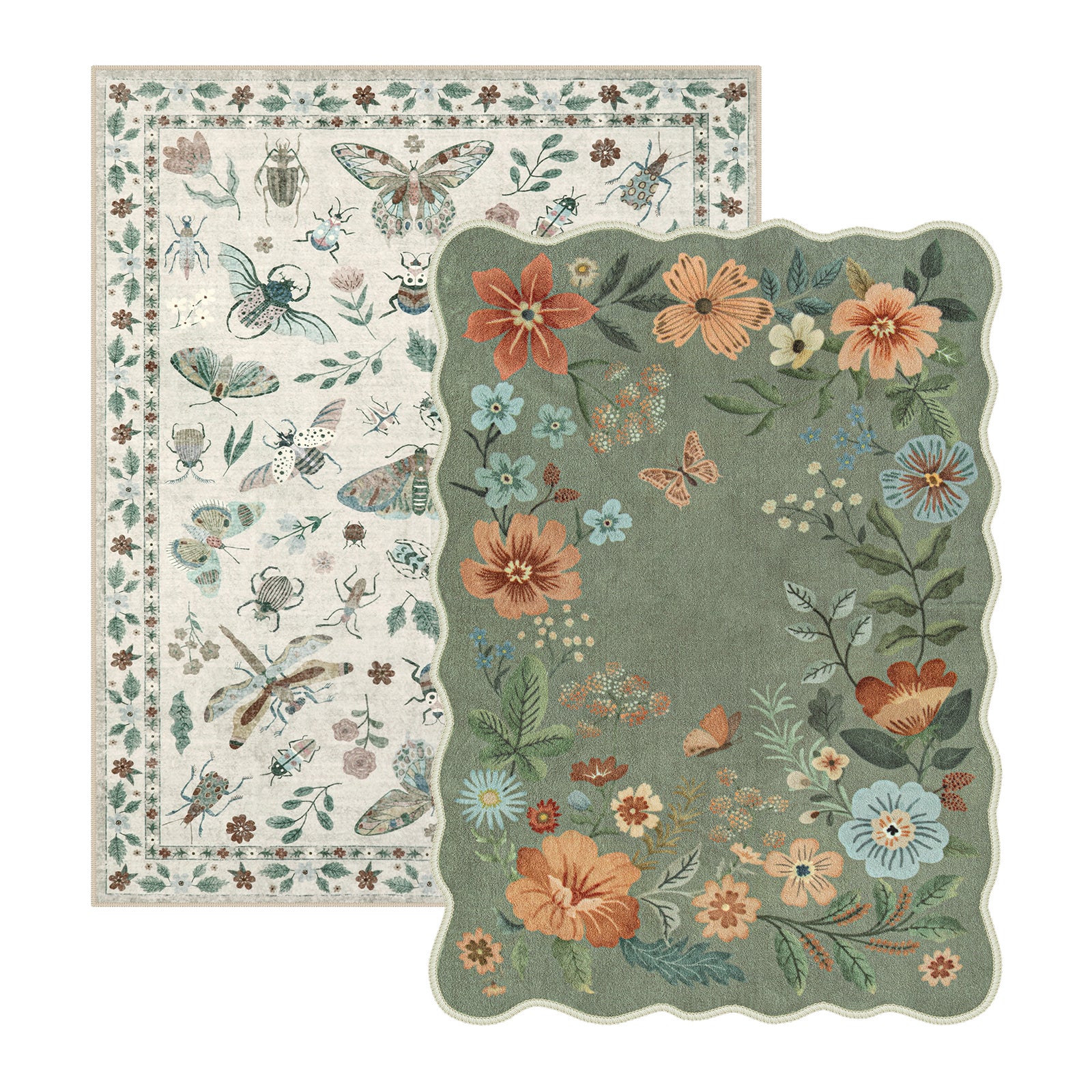Vionnet Insect Beige + Flore Green 2 Piece Washable Rug Set Rug Set Lahome