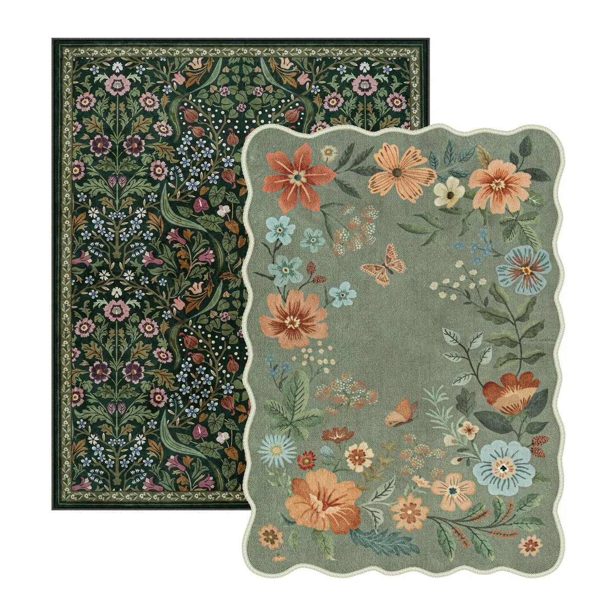 Claude Dark Green + Flore Green 2 Piece Washable Rug Set Rug Set Lahome