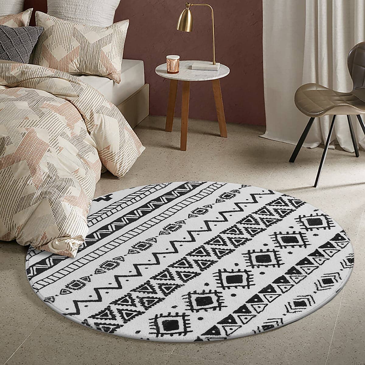 Boho Geometric Washable Area Rug Area Rugs Lahome Black & Off-white 3' Round 