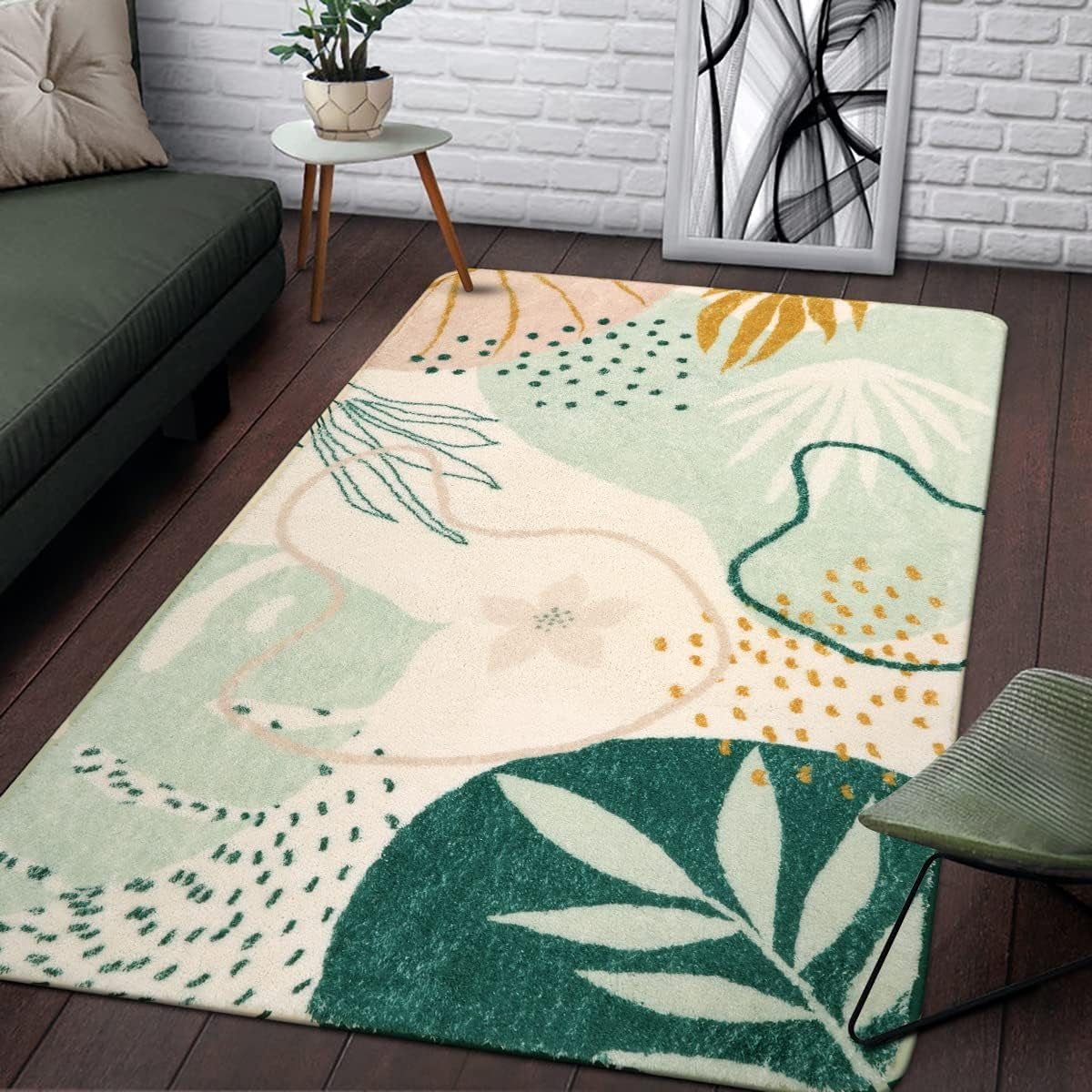 Small Forest Green Botanical Print Area Rug