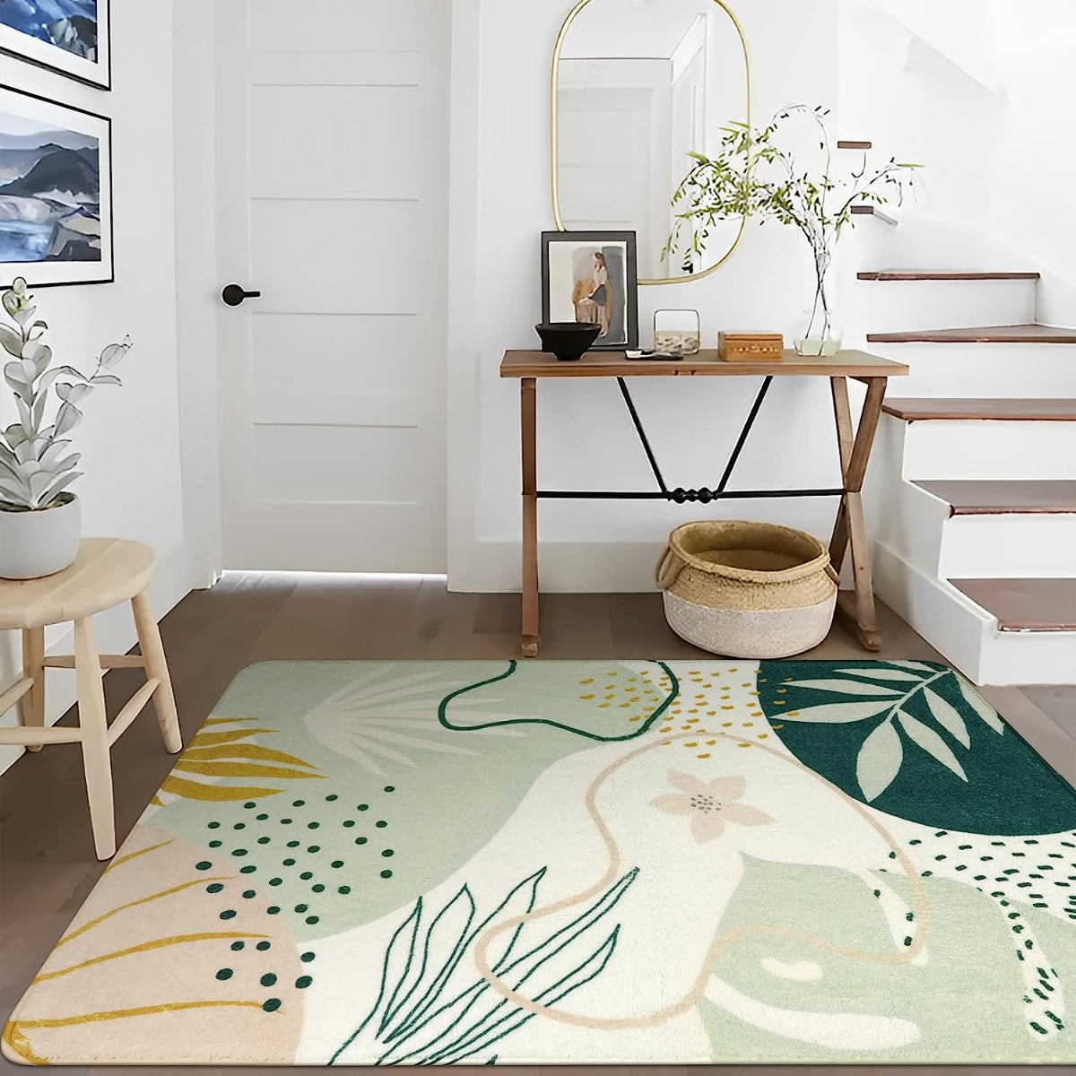 Small Forest Green Botanical Print Area Rug