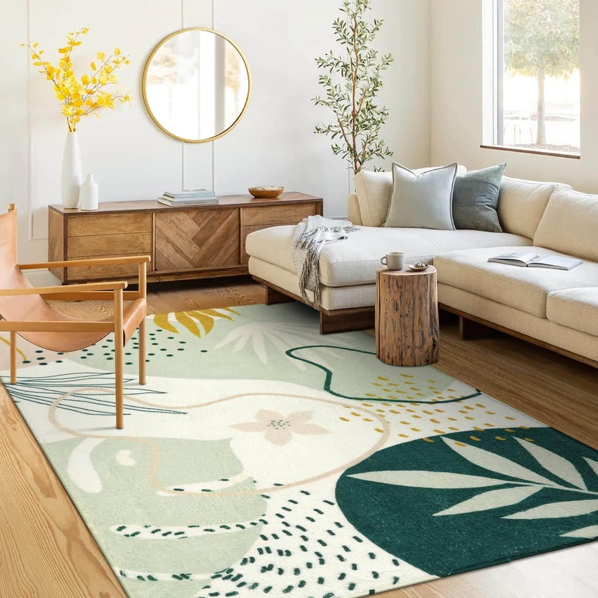 Kiki Washable Modern Botanical Leaf Print Green Rug - Lahome